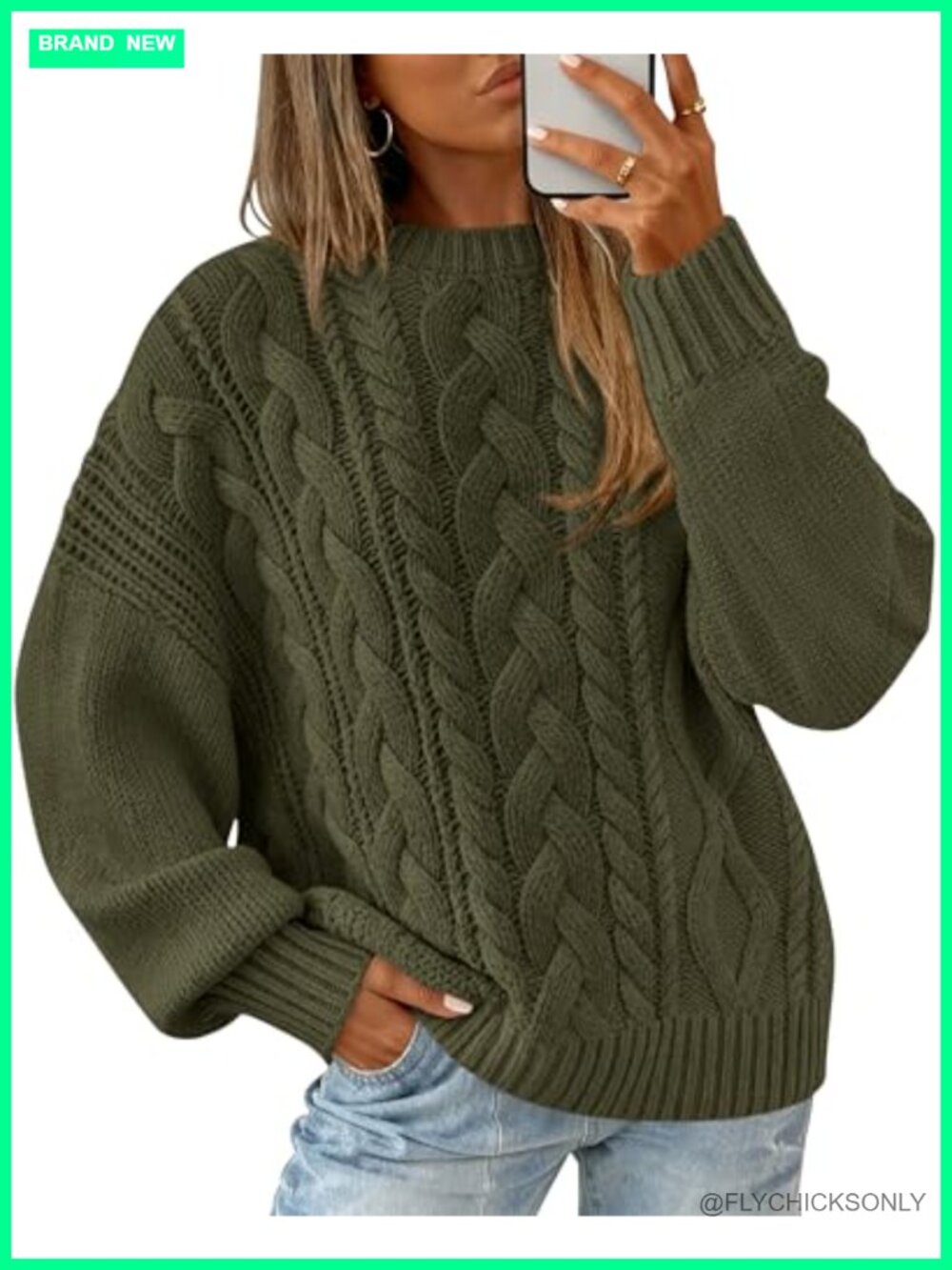 Oversized Cable Knit Crewneck Pullover Sweater Lantern Sleeve
